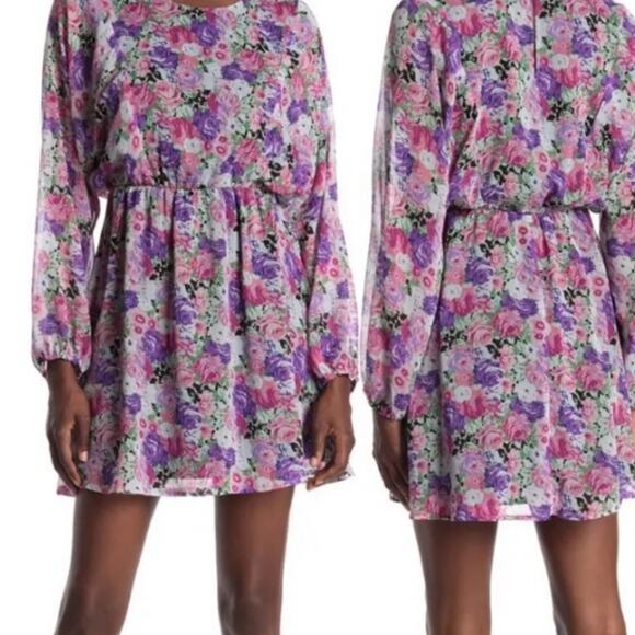 WAYF Mini Dress Sz Small S Spring Purple Floral Long Sleeve Flutter All over - Picture 10 of 11